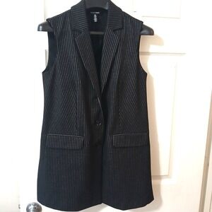 ELLEN TRACY Women Black Pin Stripe Sleeveless Formal Long Coat Button Front NWOT